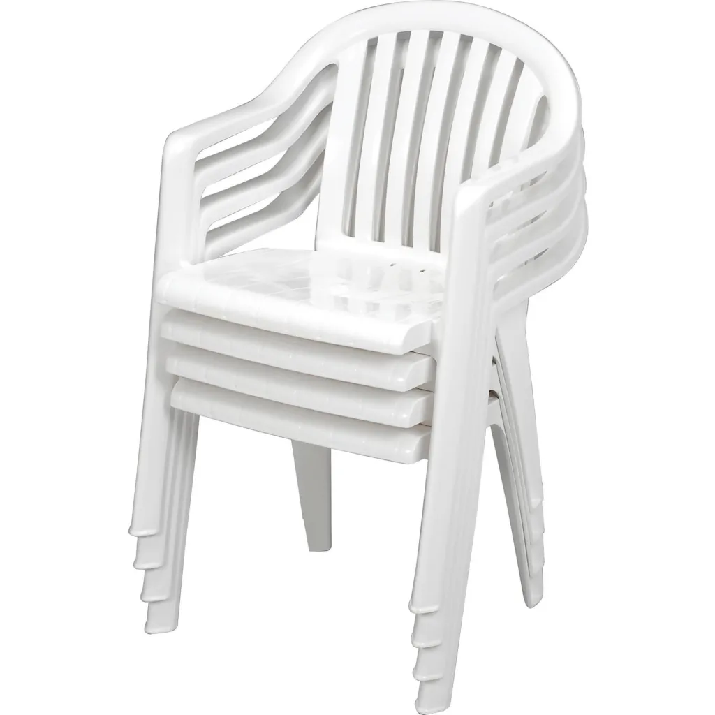 Stack of white plastic chairs with armrests and slatted back