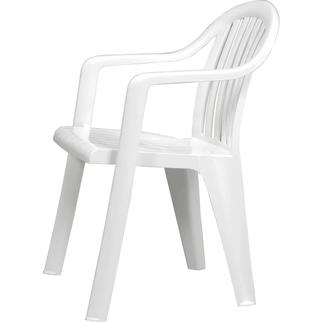 White plastic chair with armrests and slatted back from side view
