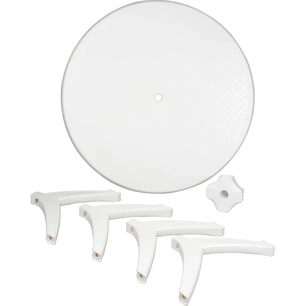 Disassembled parts of a white round table