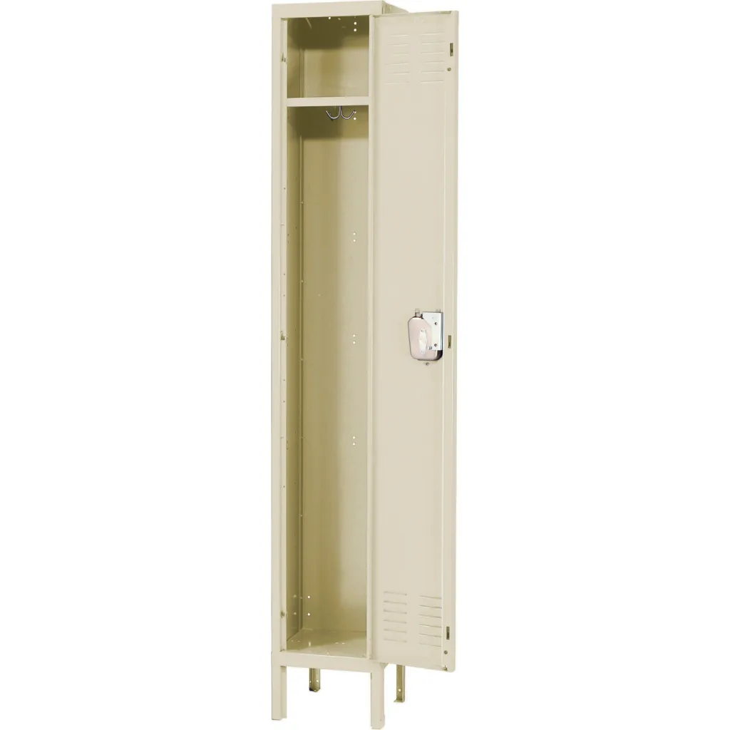 A beige locker with an open door showing an empty interior.