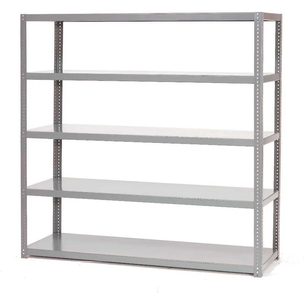 A gray metal shelving unit