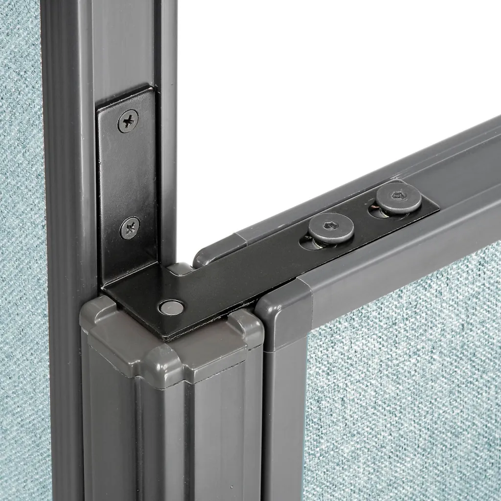Close-up of office partition panel connection mechanism