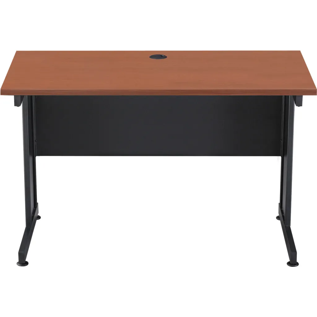 A brown desk with black metal legs from the side.