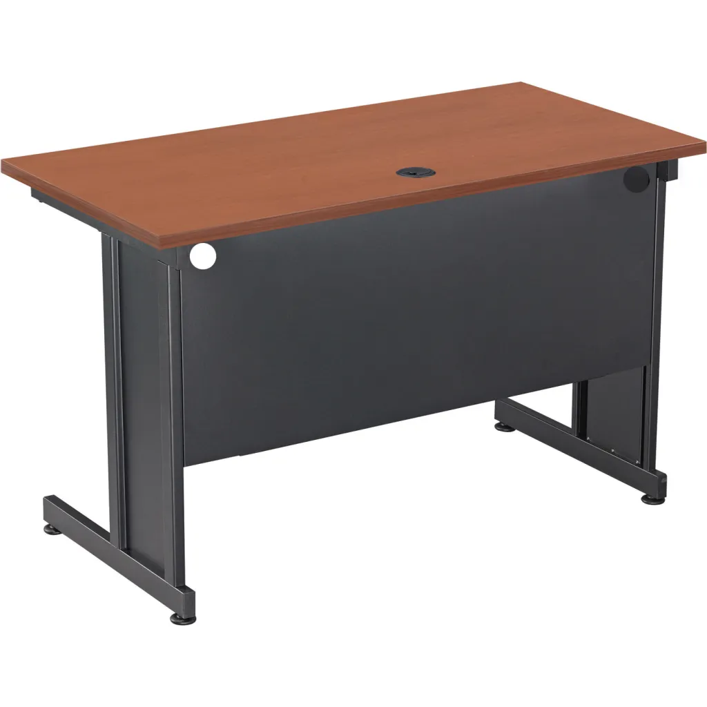 A brown desk with black metal legs from an angle.