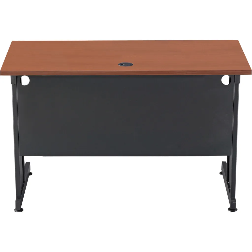 A brown desk with black metal legs from the back.