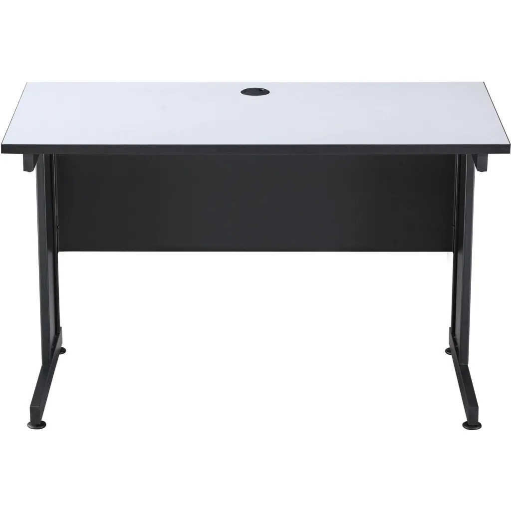 A black and gray desk with a white top and a hole in the center, shown from the back