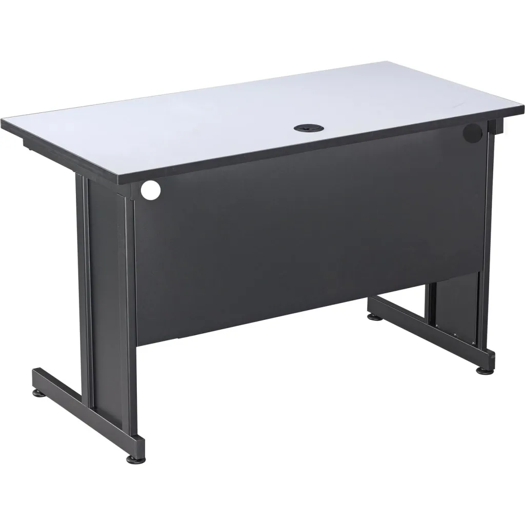 A black and gray desk with a white top and a hole in the center, shown from an angle