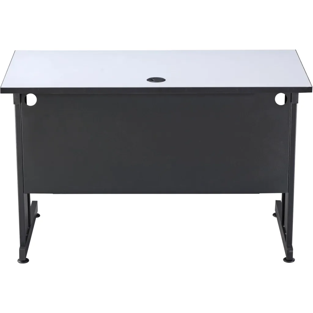 A black and gray desk with a white top and a hole in the center, shown from the back