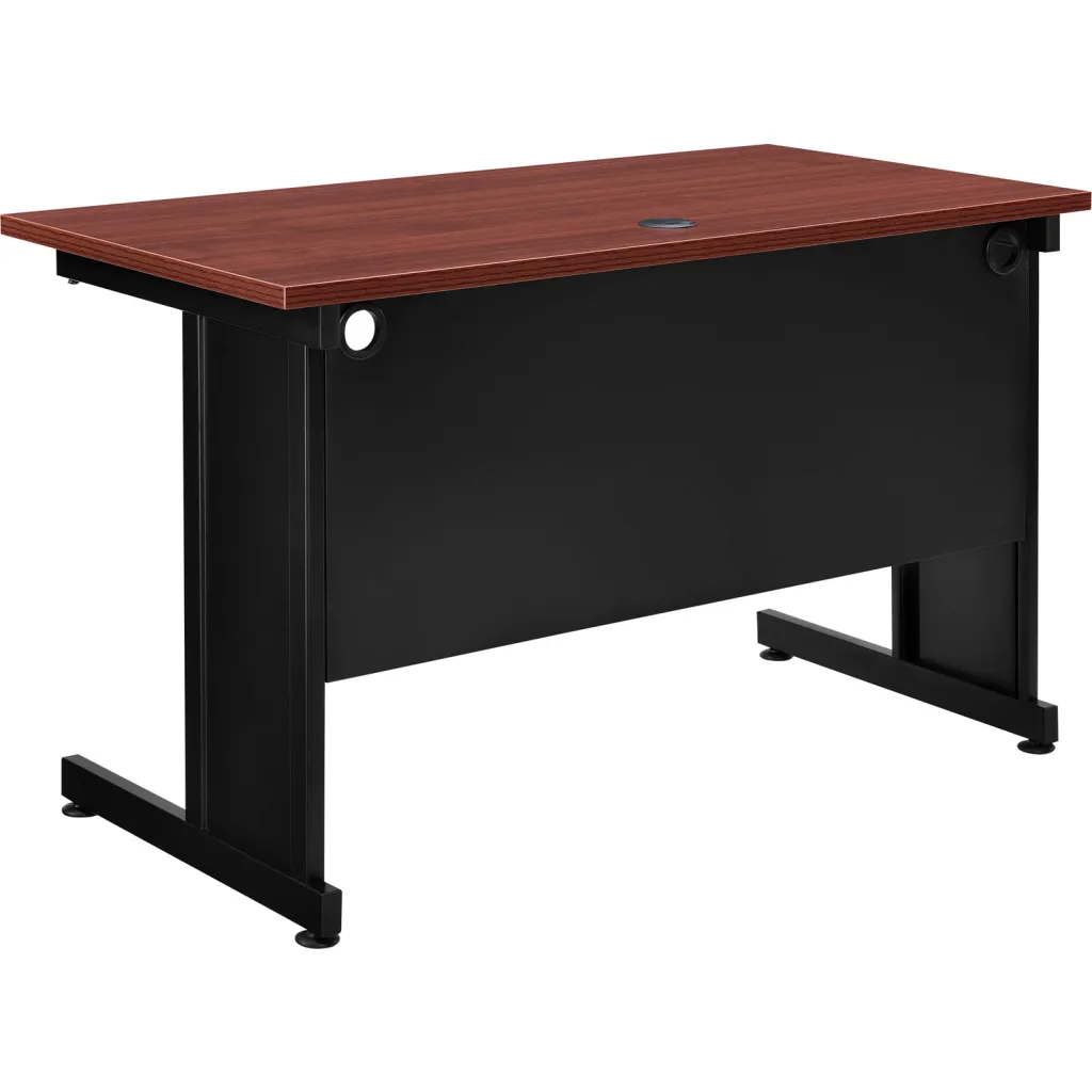 Office desk with black metal legs and brown wooden top from different angle
