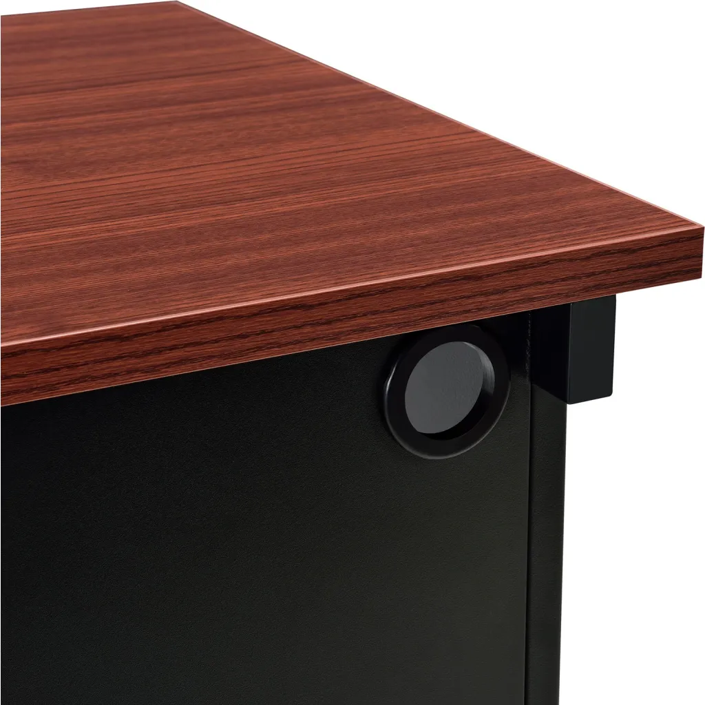Close-up of office desk corner with brown wooden top and black metal leg from different side