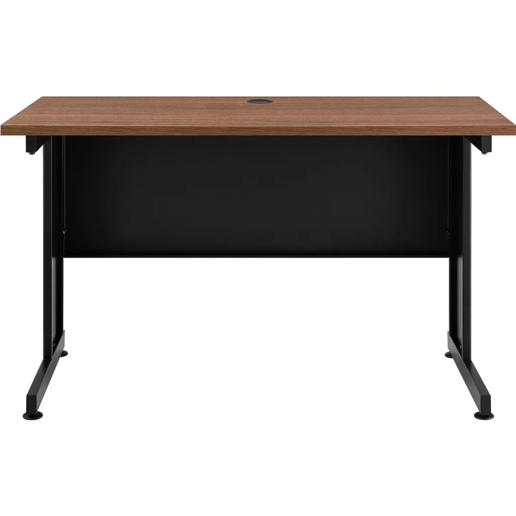 Brown wooden desk with black metal legs from front view
