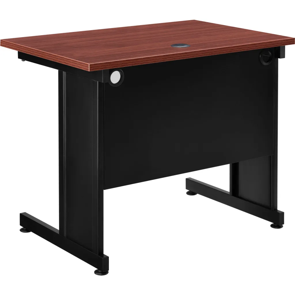 Standing desk from an angle with brown wood grain top and black metal legs