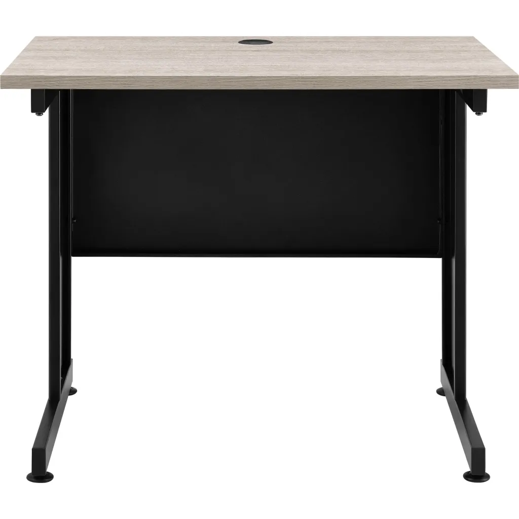 Standing desk with black frame and light gray wood top from front