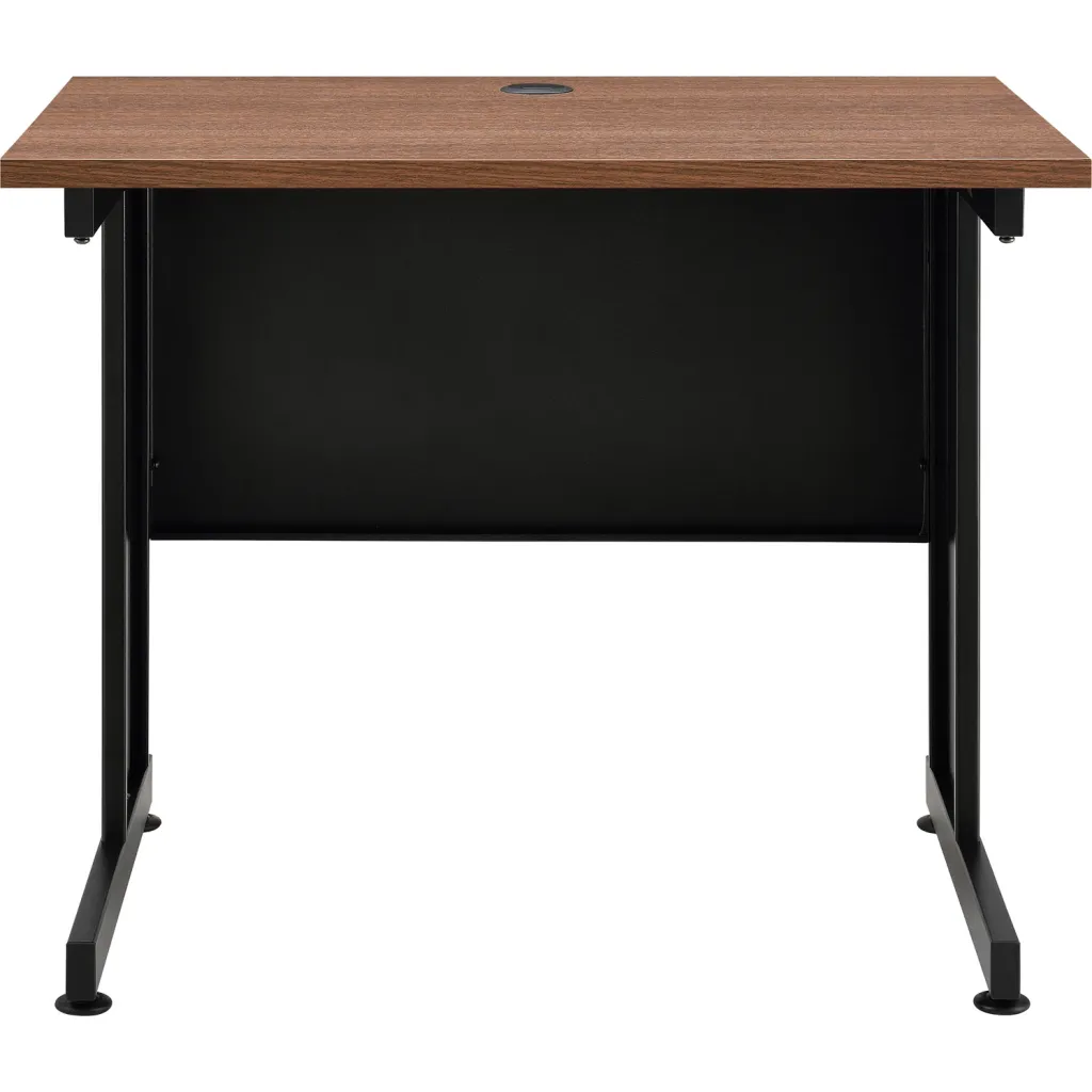 Brown wooden desk with black metal legs from front