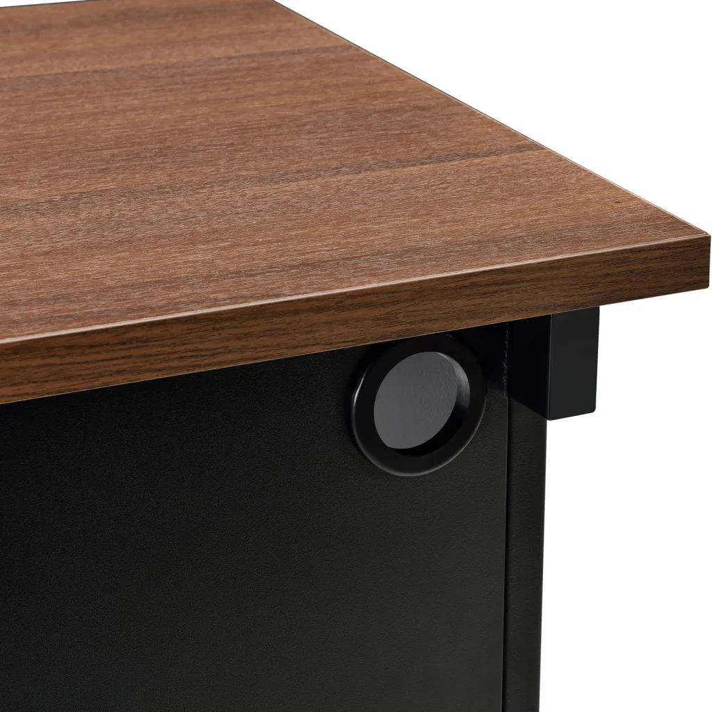 Close-up of brown wooden desk corner
