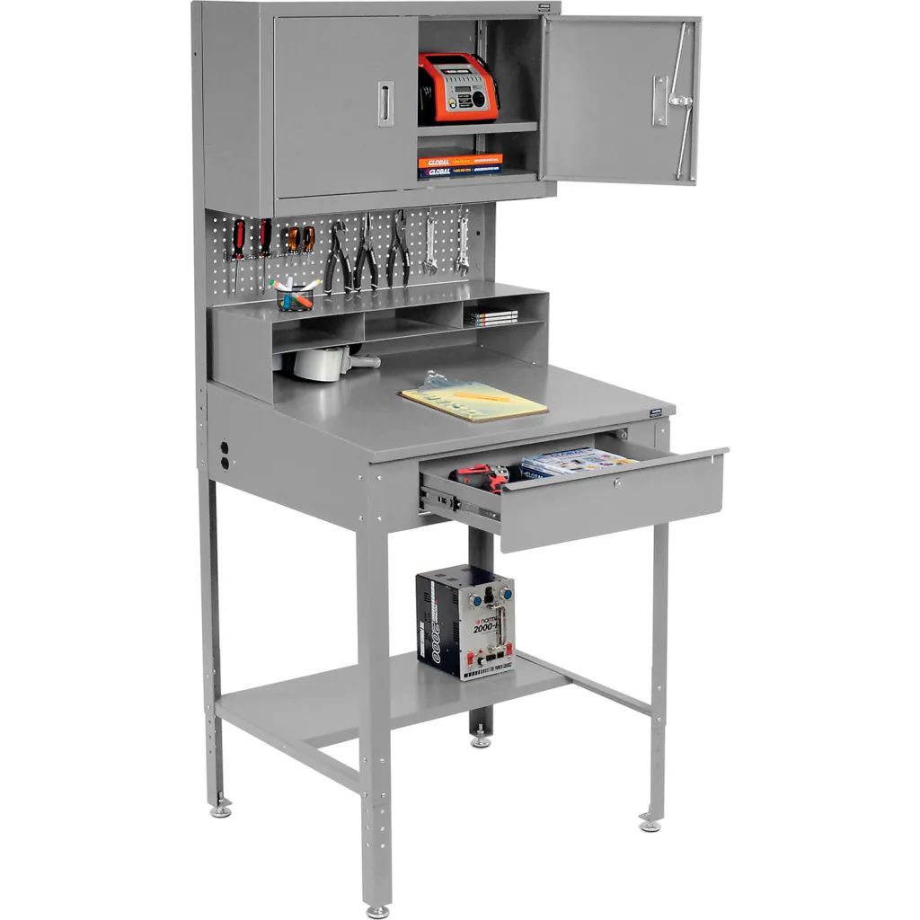 Gray metal workbench with open cabinet and drawer