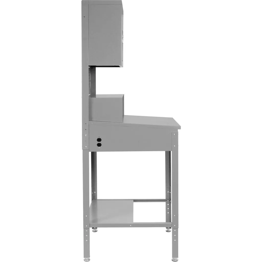 Gray metal workbench from side view
