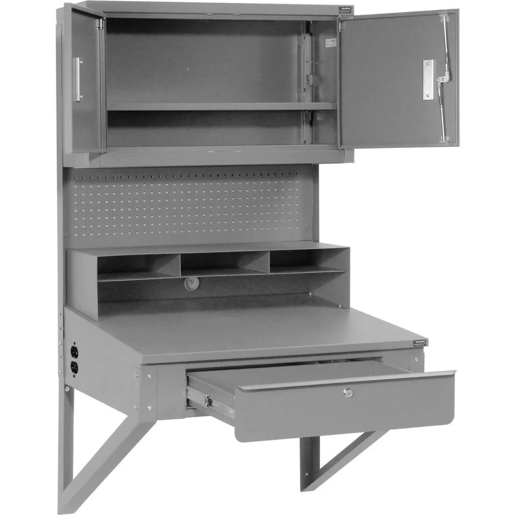 Gray workstation with cabinet doors open