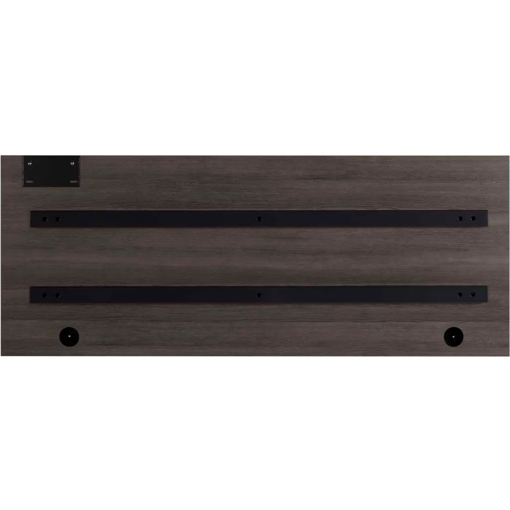 Underside of gray desk surface with mounting holes