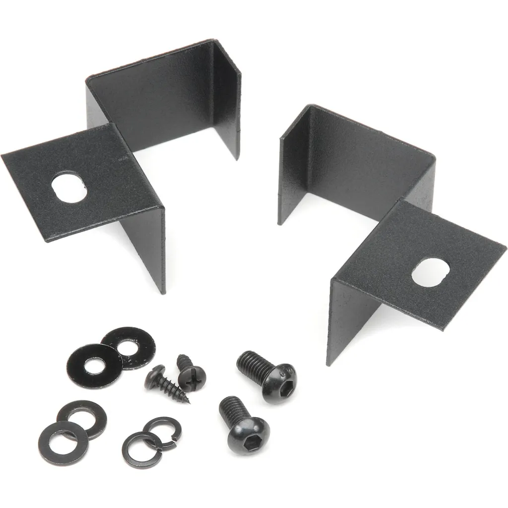 A collection of black metal brackets and hardware.