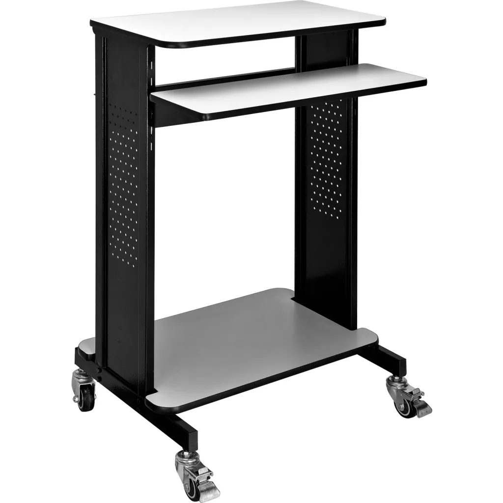 An empty mobile workstation cart with three shelves.