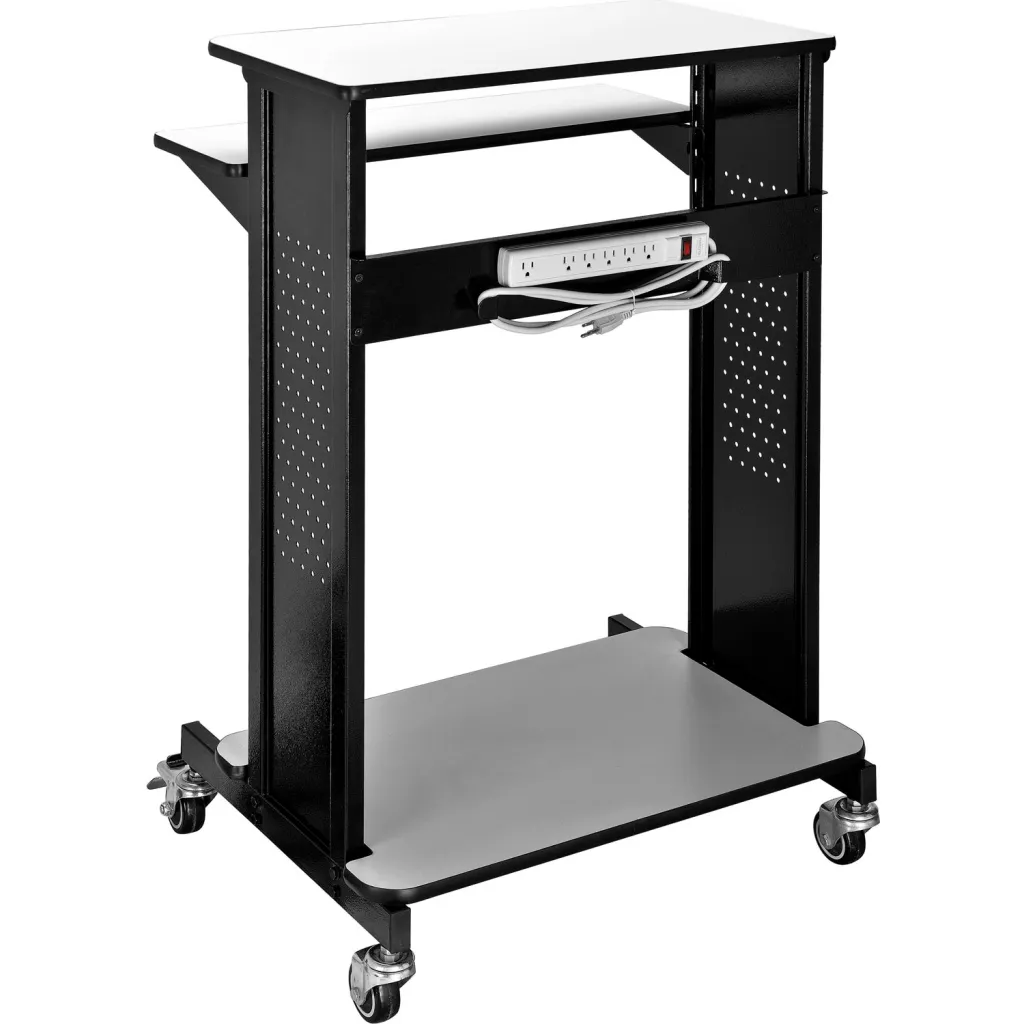 A mobile workstation cart with an outlet and cables.