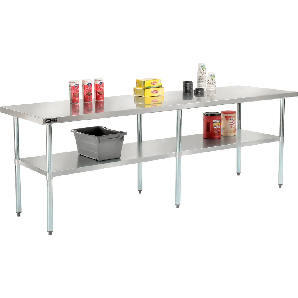Stainless steel table with a single shelf and various food items on top and bottom