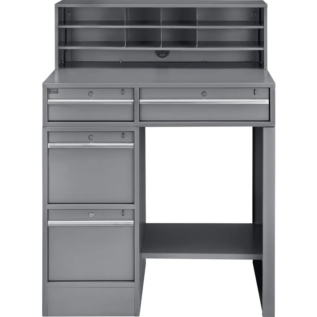 Gray workstation with empty shelves