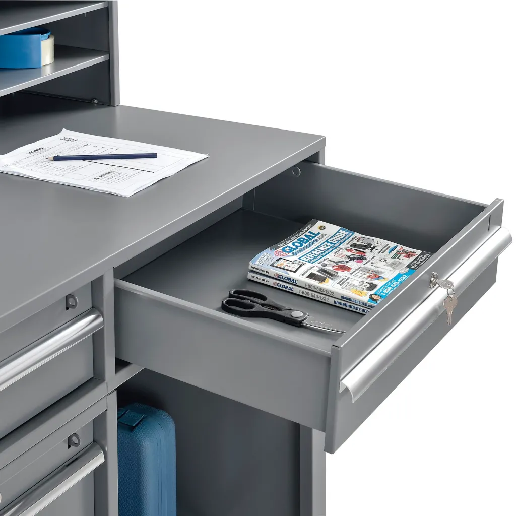 Gray workstation with open drawer