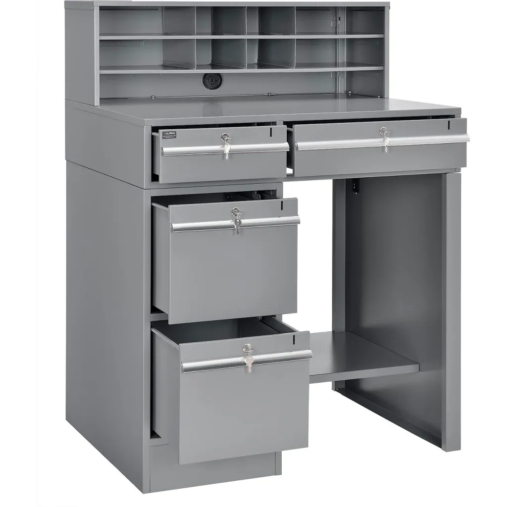 Gray workstation with closed drawers