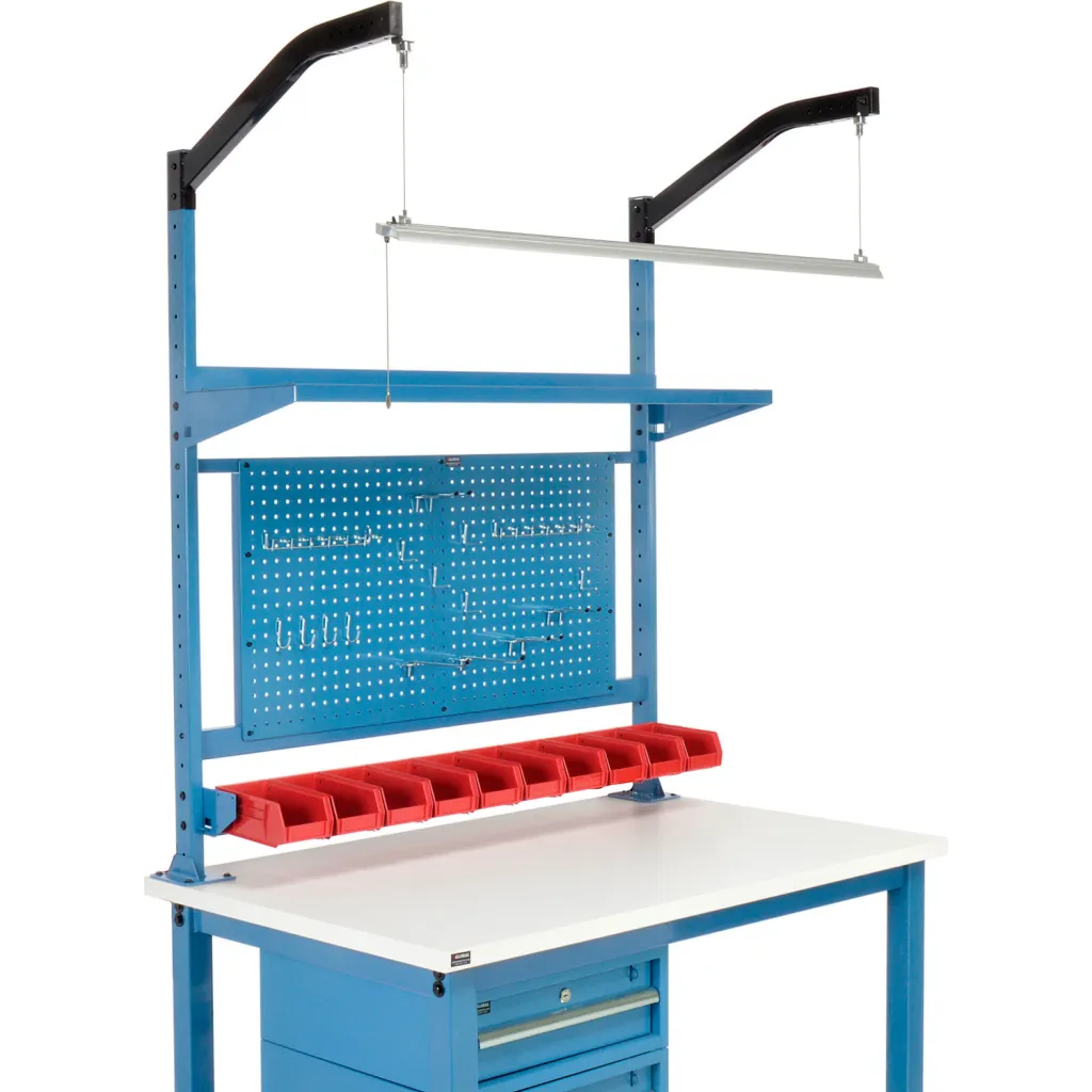A blue workbench with a white top and red bins