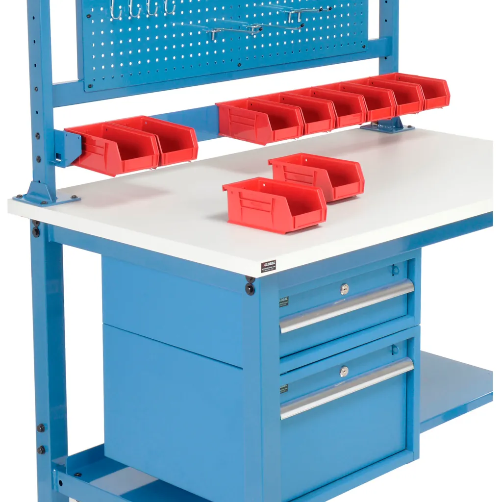 A blue workbench with a white top and red bins
