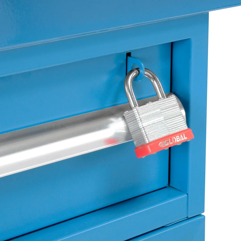 A close-up of a padlock on a blue drawer