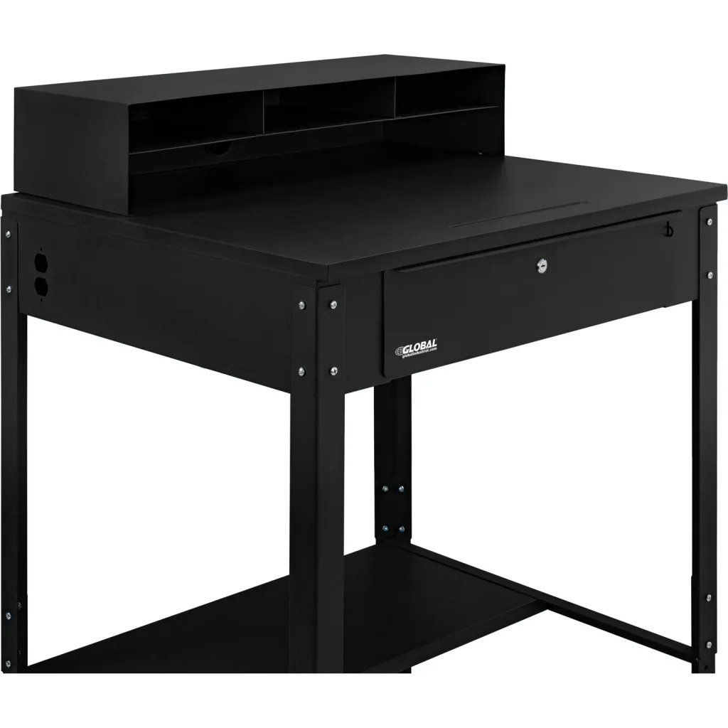Black metal desk from angled view