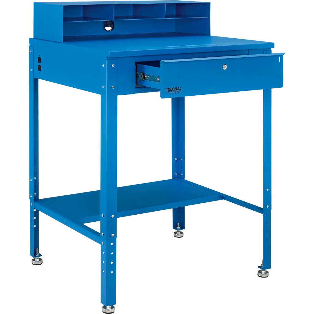 Blue workstation with open drawer