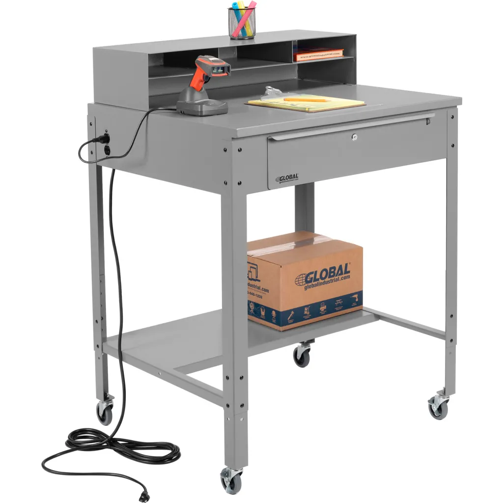 Gray metal workbench with shelf and drawer, with barcode scanner and box