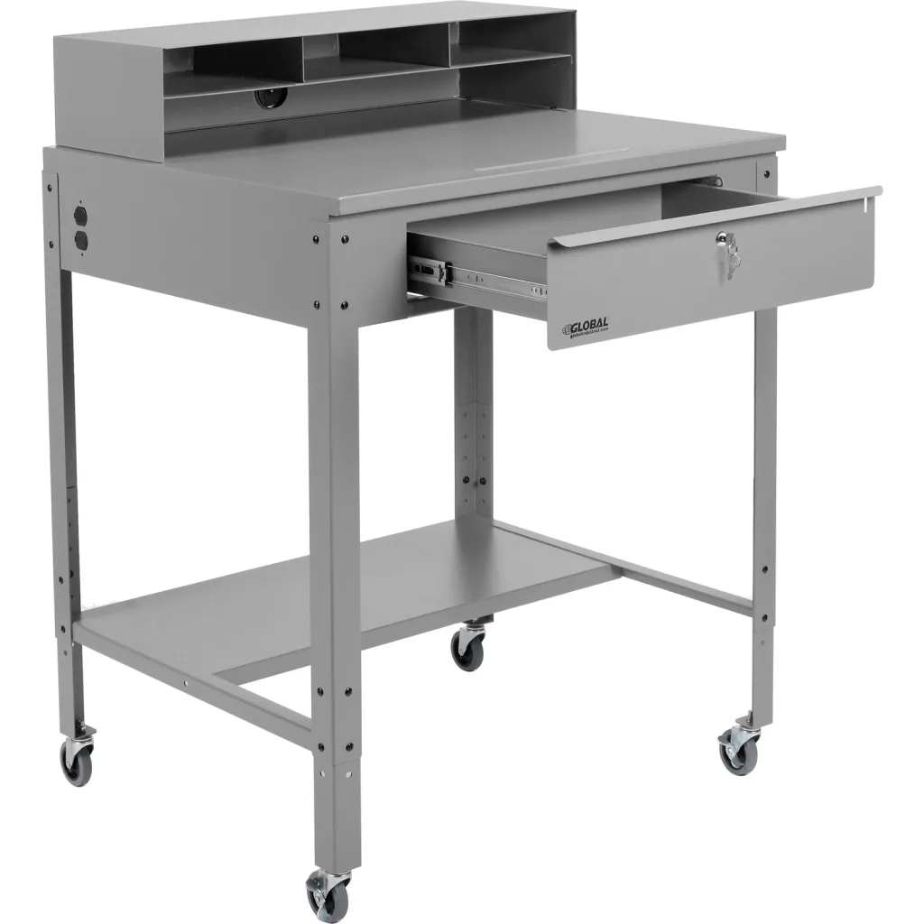 Gray metal workbench with open drawer