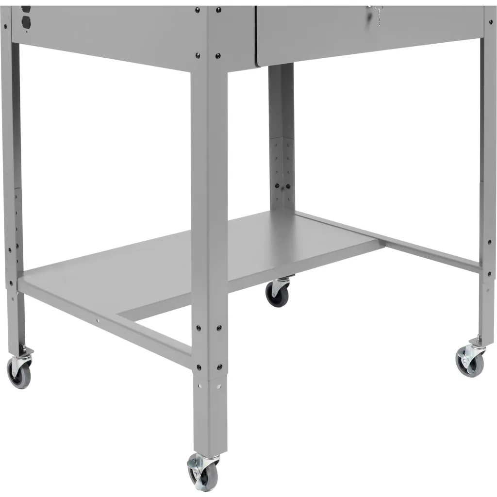 Bottom shelf of gray metal workbench