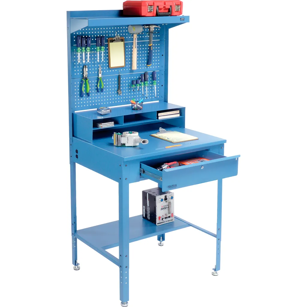 Blue workbench with pegboard and tools, drawer open