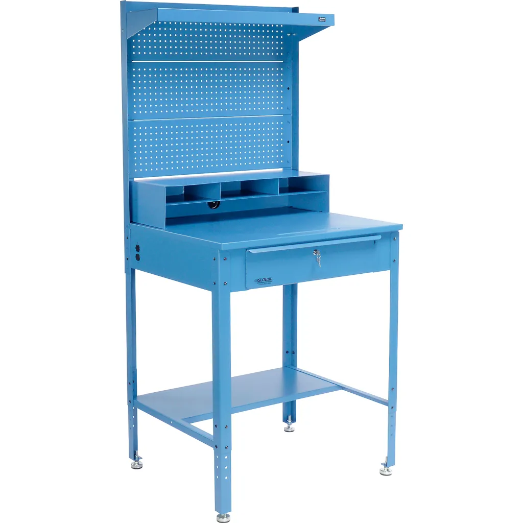 Blue workbench with pegboard, no tools