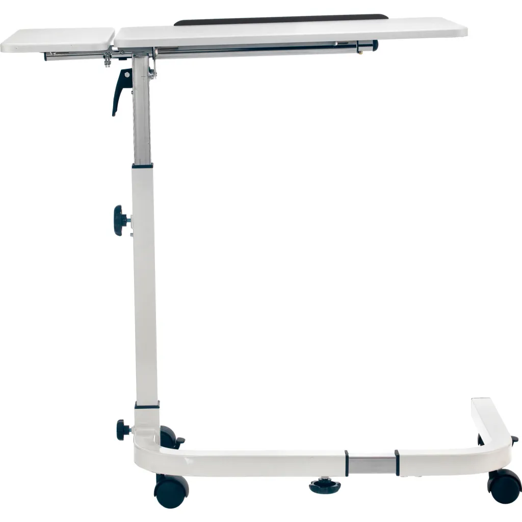 Side view of adjustable laptop stand with wheels