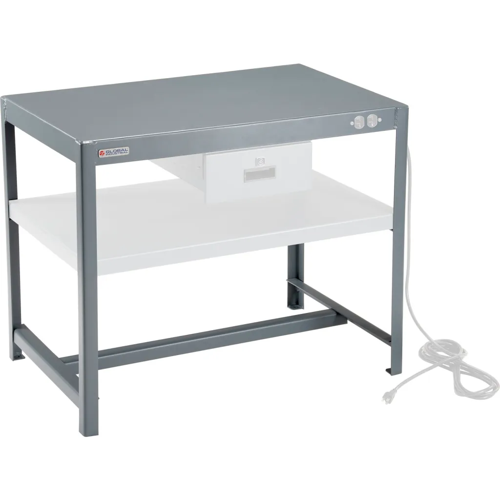 Gray metal workbench with a white shelf and cord