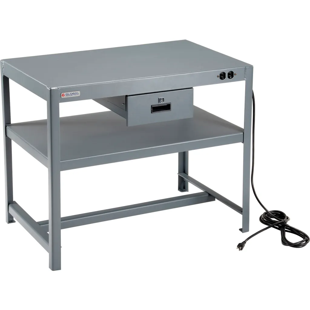 Gray metal workbench with a lower shelf and cord