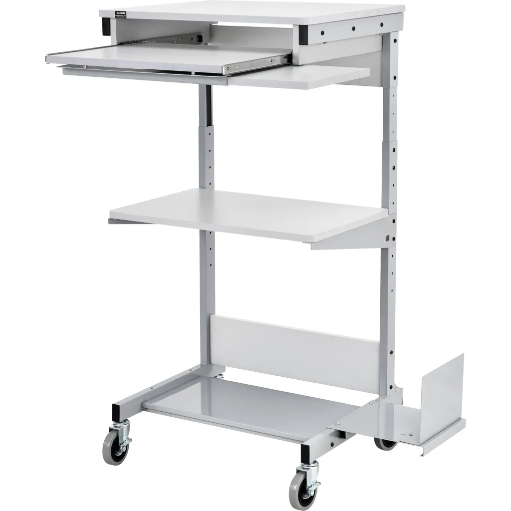 White adjustable-height computer cart with multiple shelves, pull-out keyboard tray, and bottom shelf with casters.