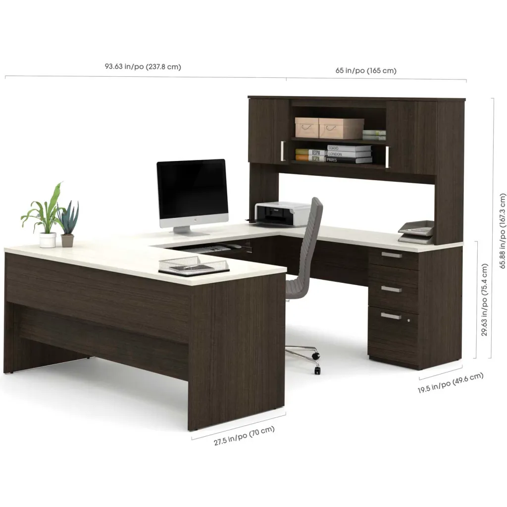Detailed view of brown desk with measurements