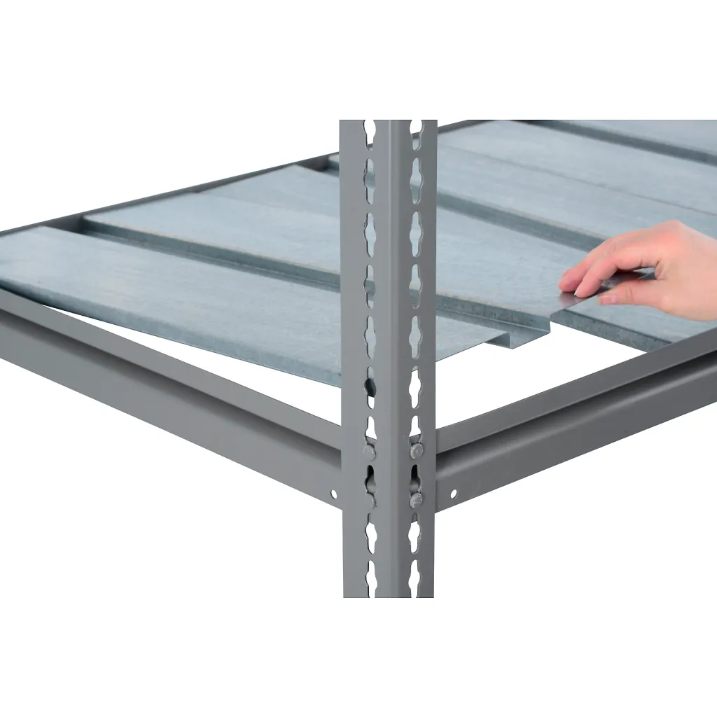 Close-up of metal shelving unit corner with hand placing shelf
