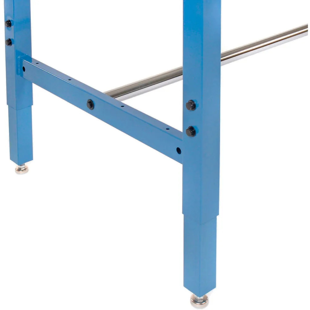 A close-up of a workbench frame and metal support bar