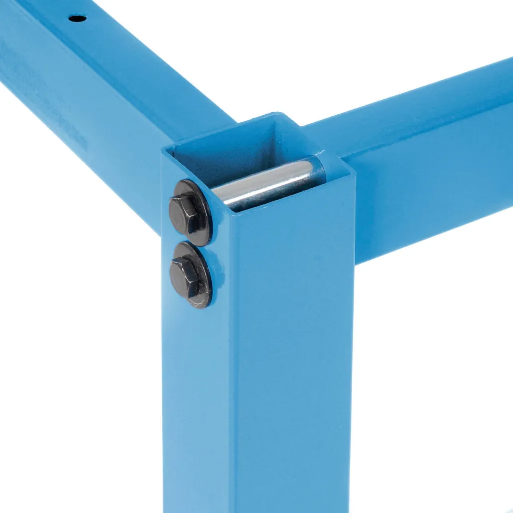 A close-up of a workbench frame and bolts