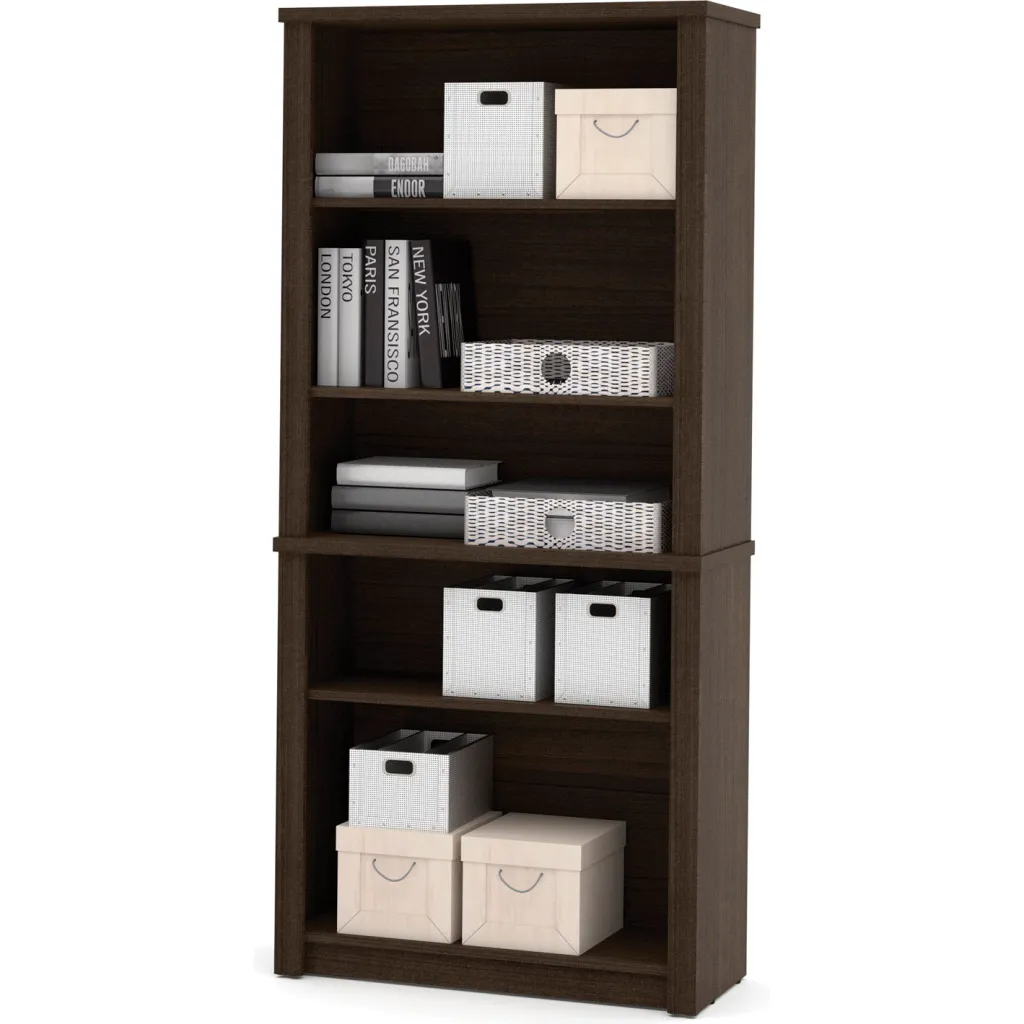 Brown bookshelf with storage bins and books