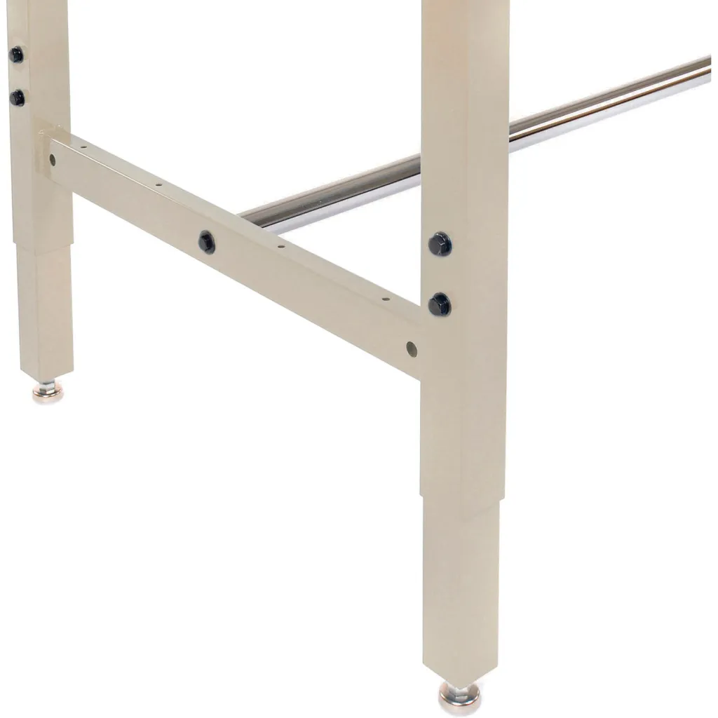A close-up of a workbench frame